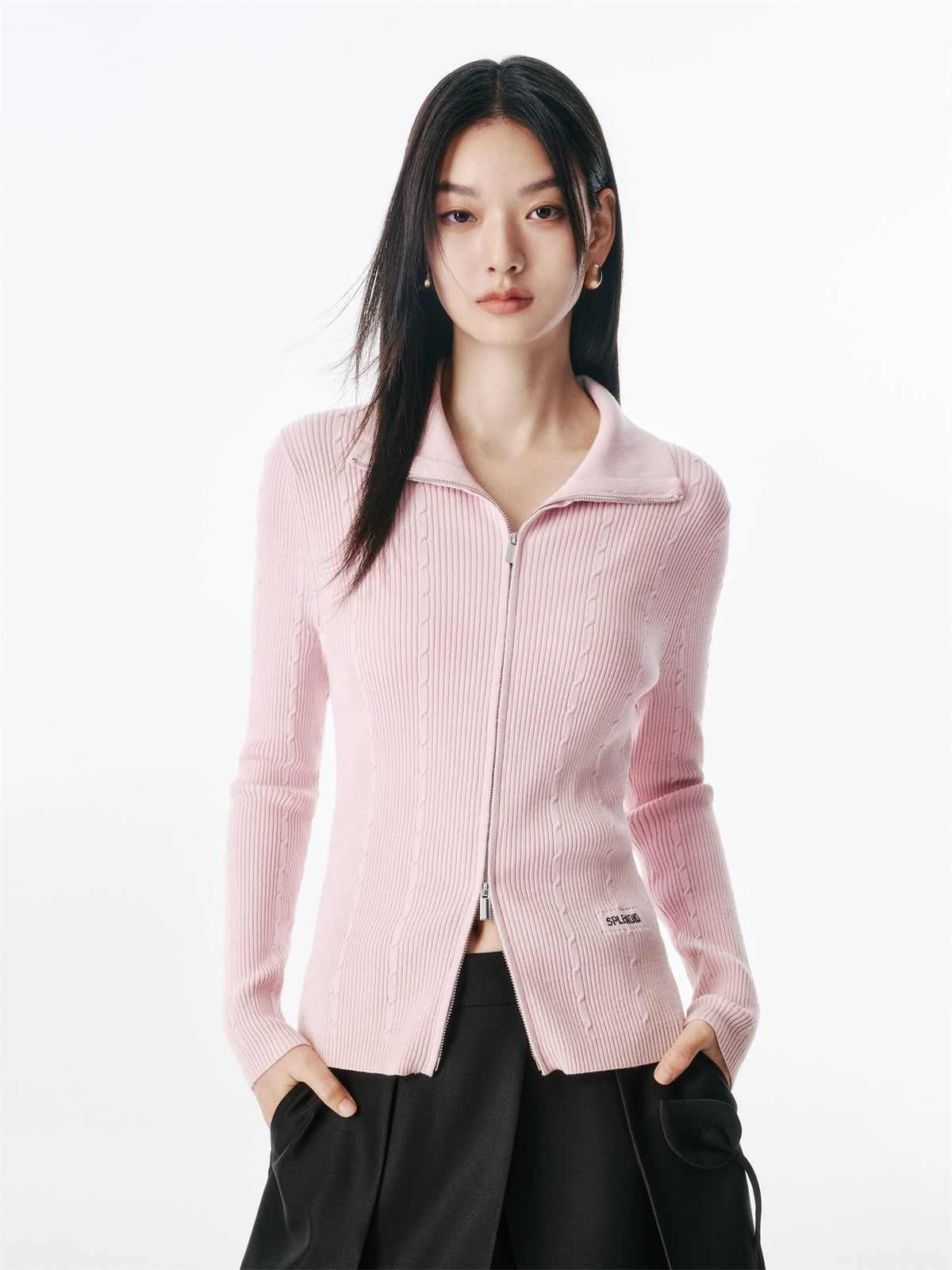 Women's Cable-Knit Collared Two-Way Zip Cardigan