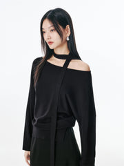 Women's Split-Hem Pullover Knit Top with Detachable Tie