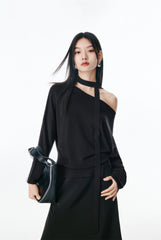 Women's Split-Hem Pullover Knit Top with Detachable Tie