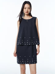 Women's Sleeveless Faux-Layered Dress with Embroidery