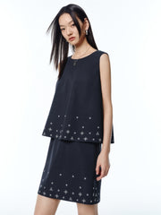 Women's Sleeveless Faux-Layered Dress with Embroidery