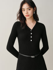 Women's Black Mid-Length Knit Dress with Belt