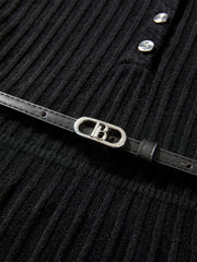 Women's Black Mid-Length Knit Dress with Belt