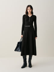 Women's Black Mid-Length Knit Dress with Belt