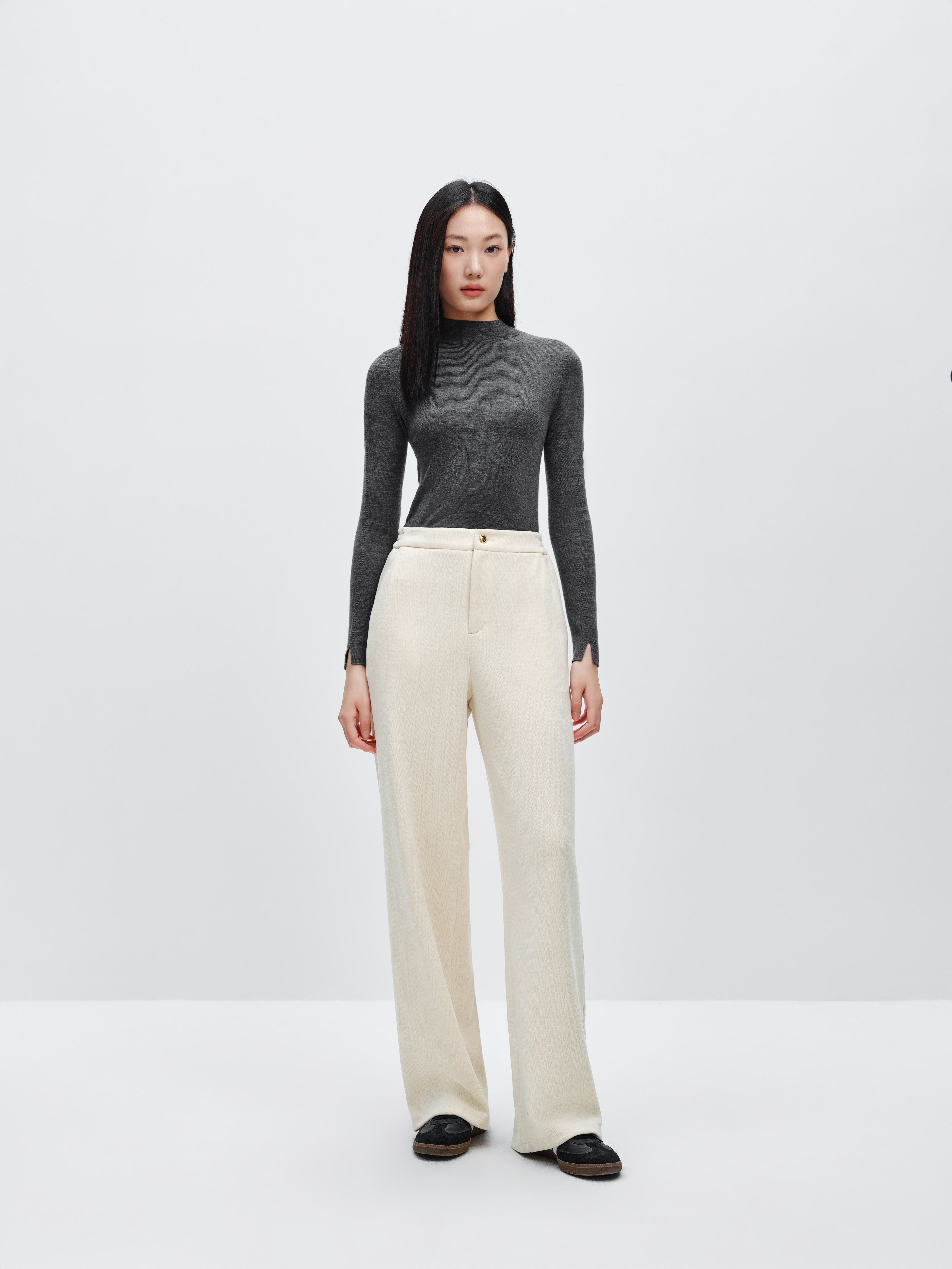 Women's Beige Textured Straight Pants