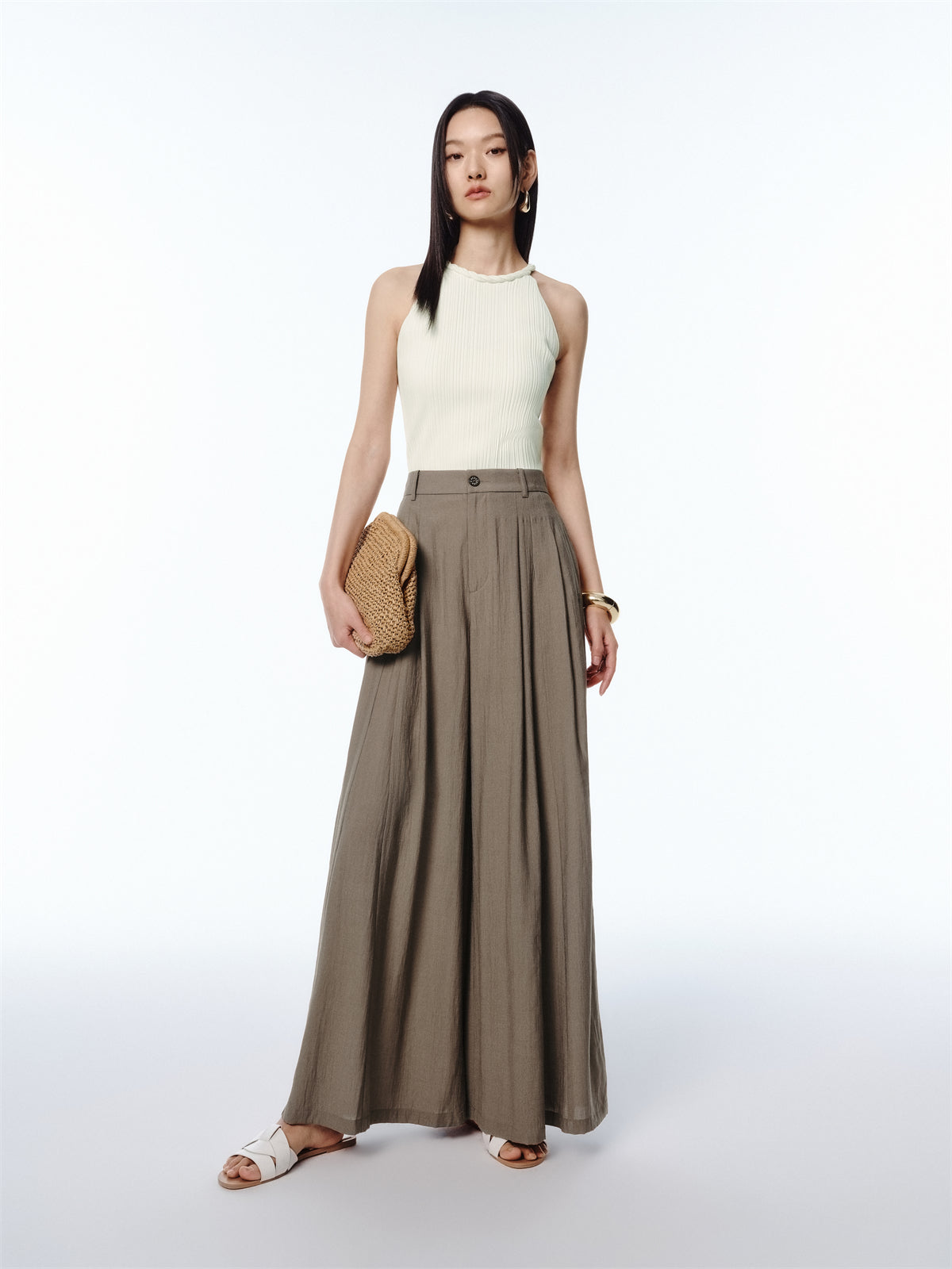 Women's Flowing Wide-Leg Pants with Mini Embroidery