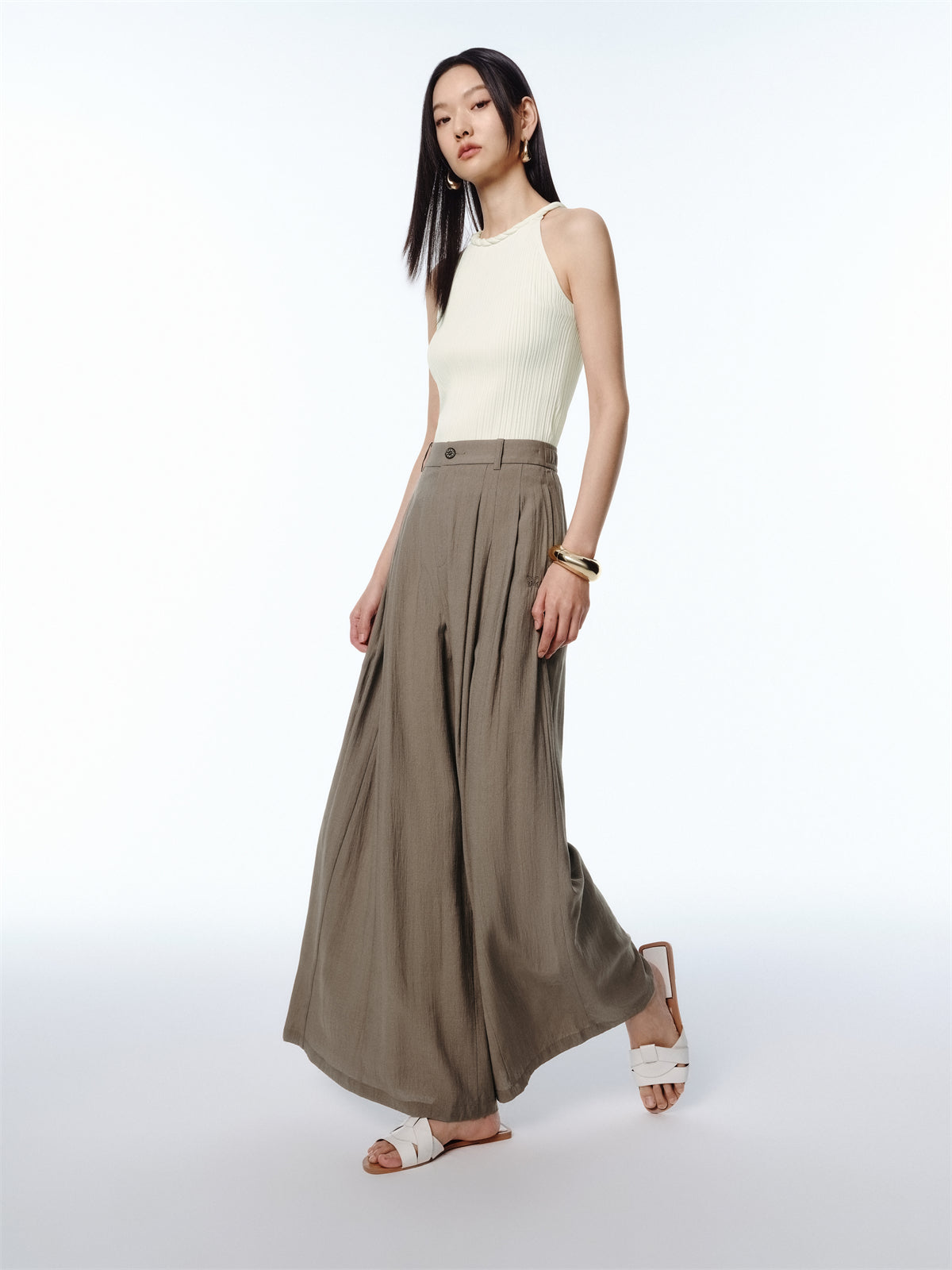 Women's Flowing Wide-Leg Pants with Mini Embroidery