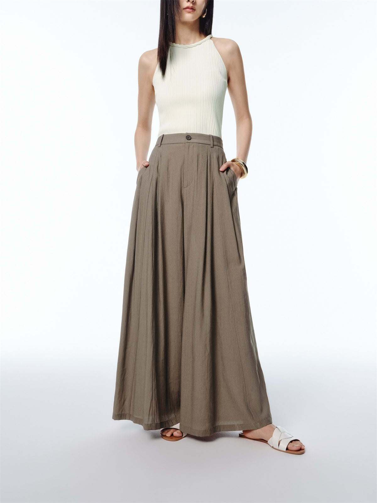 Women's Flowing Wide-Leg Pants with Mini Embroidery