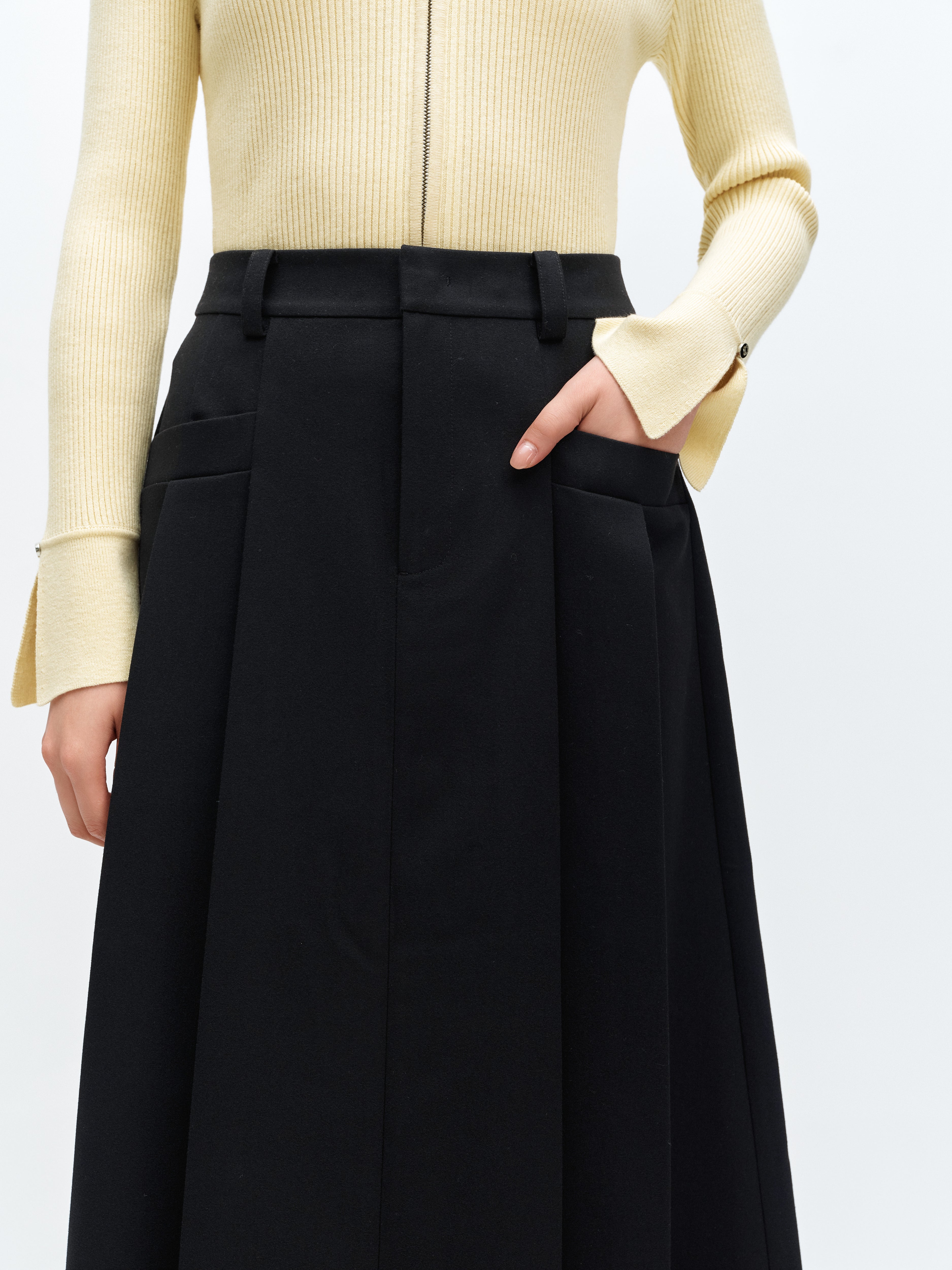 Women's Black Pleated A Line Midi Skirt