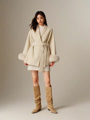 Women's Wool Coat with Detachable Fox Fur Cuffs