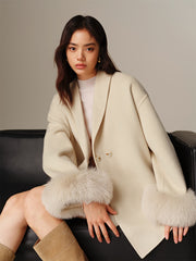 Women's Wool Coat with Detachable Fox Fur Cuffs