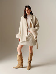 Women's Wool Coat with Detachable Fox Fur Cuffs