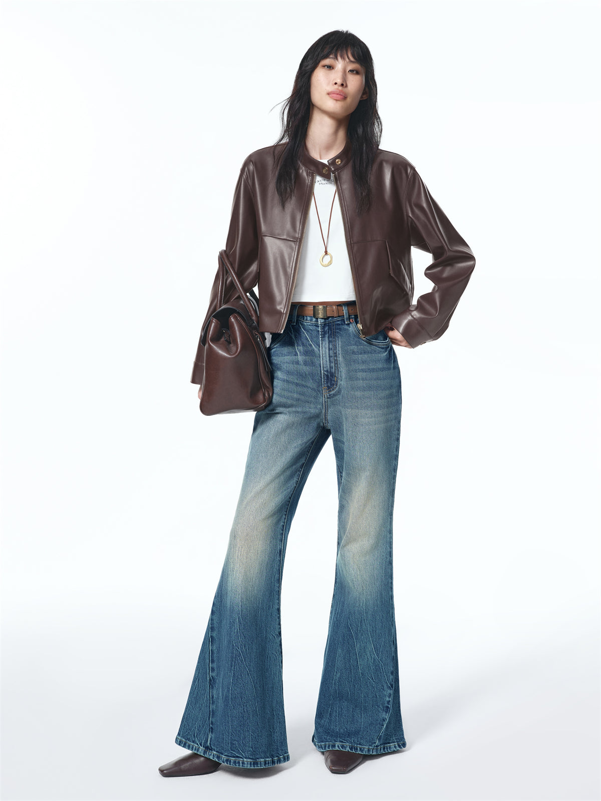 Women's Cropped Stand-Collar Moto PU Jacket