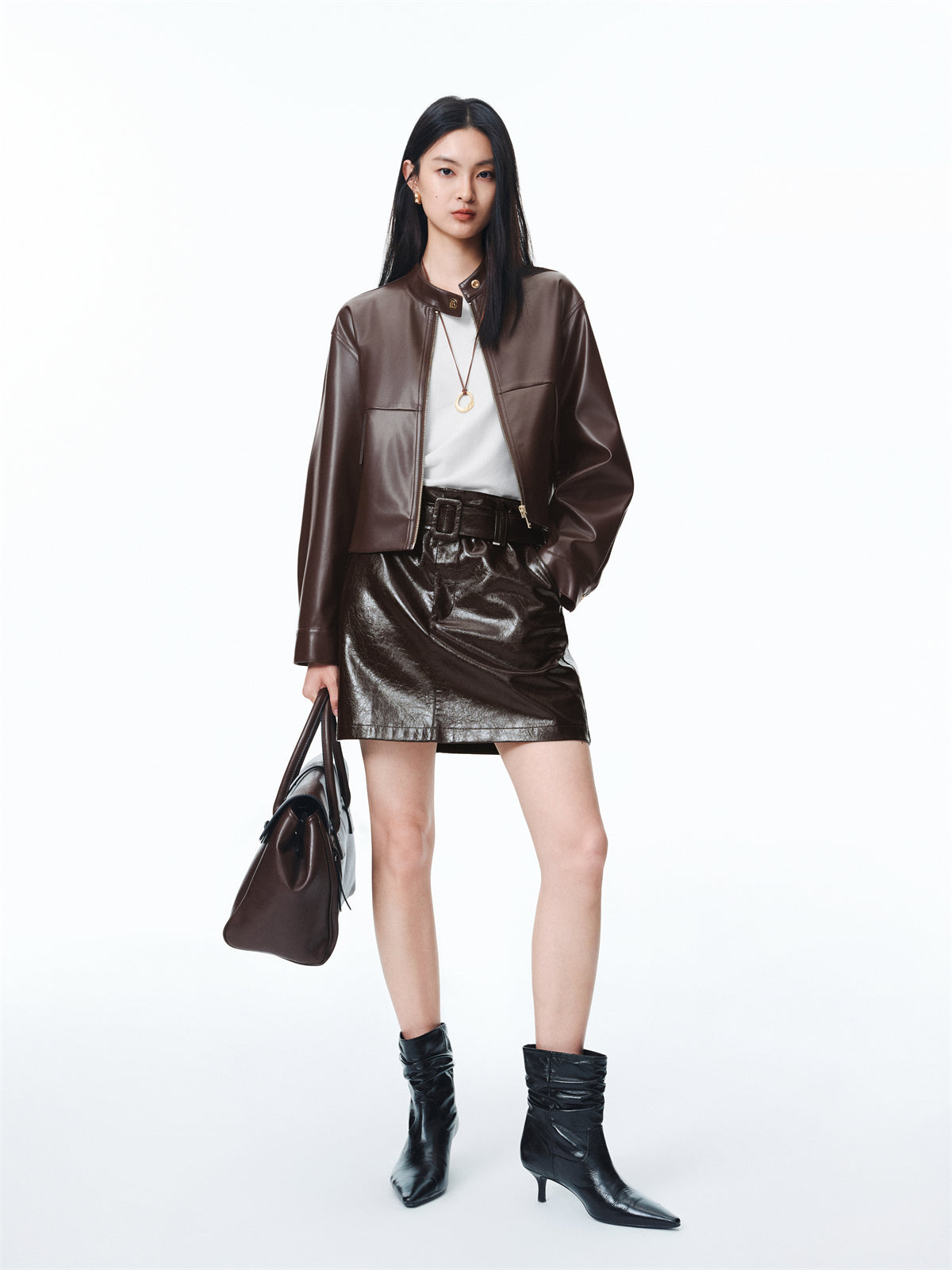 Women's Cropped Stand-Collar Moto PU Jacket