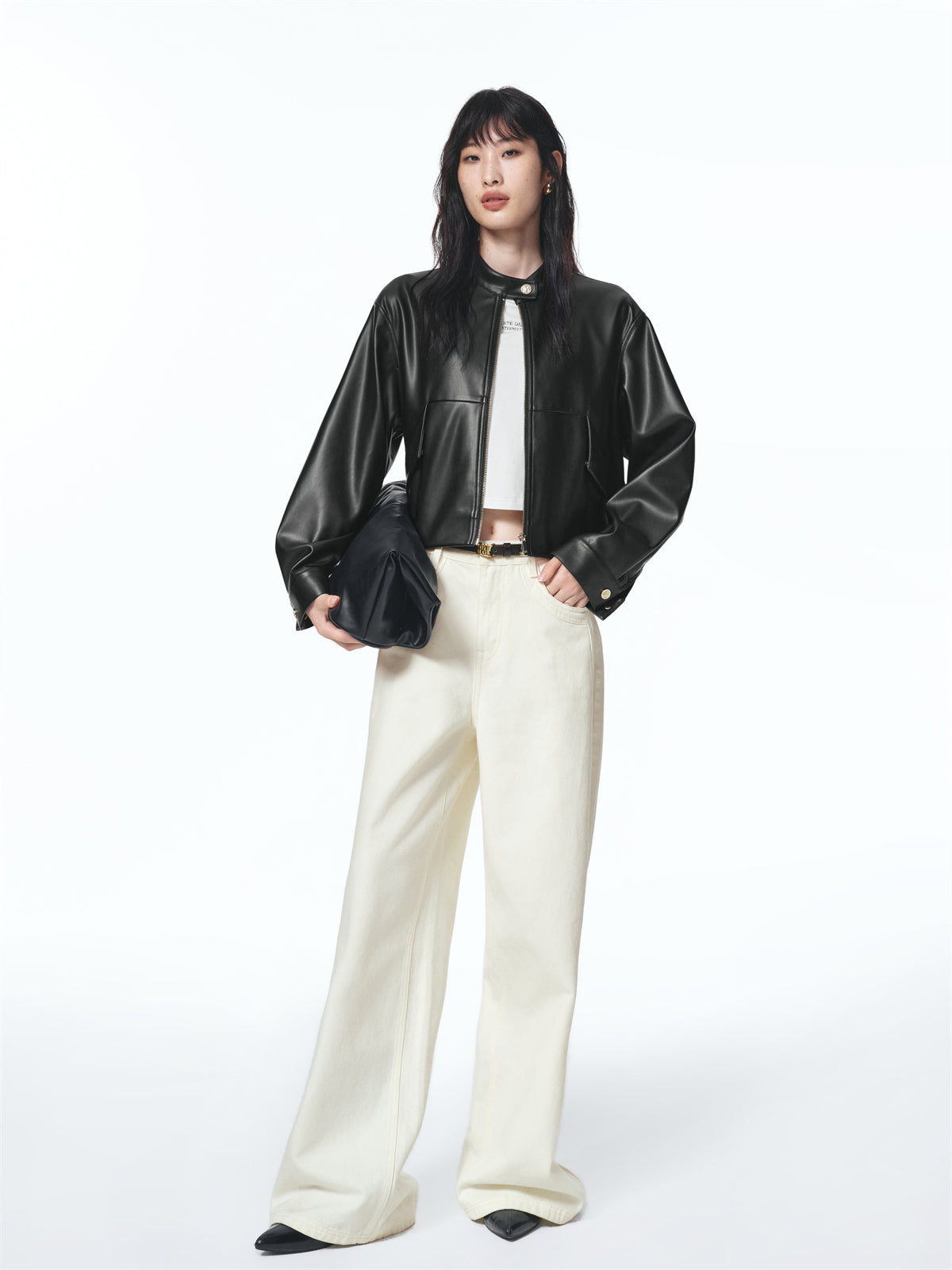 Women's Cropped Stand-Collar Moto PU Jacket
