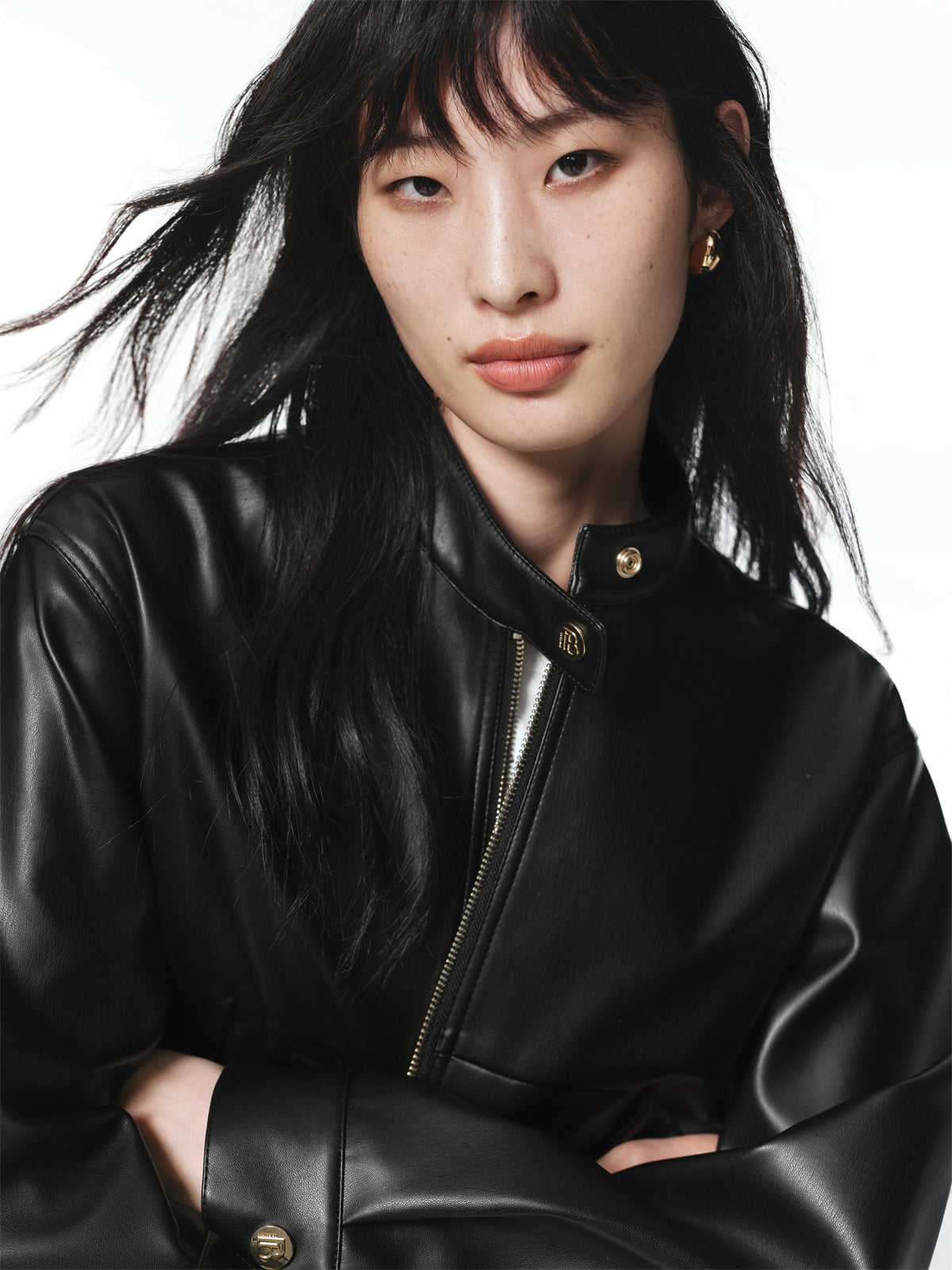 Women's Cropped Stand-Collar Moto PU Jacket