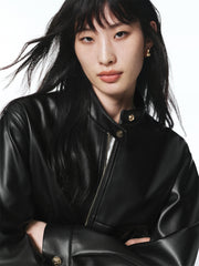 Women's Cropped Stand-Collar Moto PU Jacket