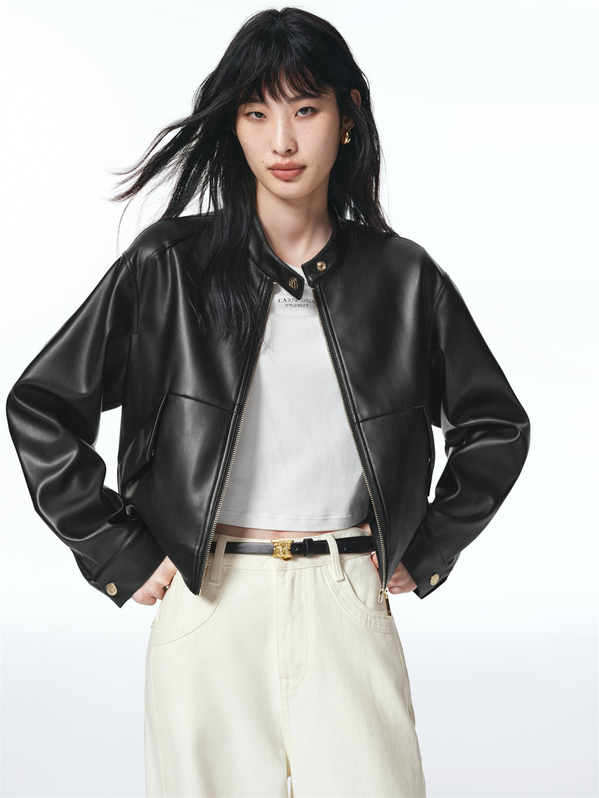 Women's Cropped Stand-Collar Moto PU Jacket