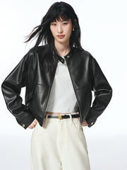 Women's Cropped Stand-Collar Moto PU Jacket