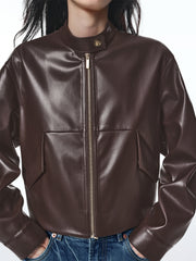 Women's Cropped Stand-Collar Moto PU Jacket