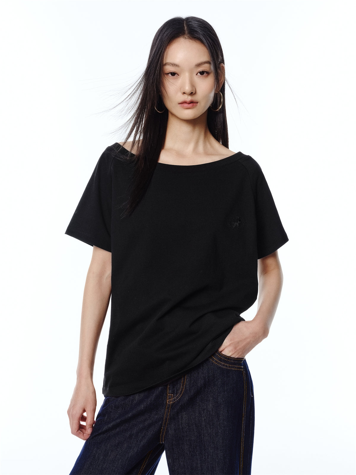 Women's Embroidered Boat-Neck T-Shirt