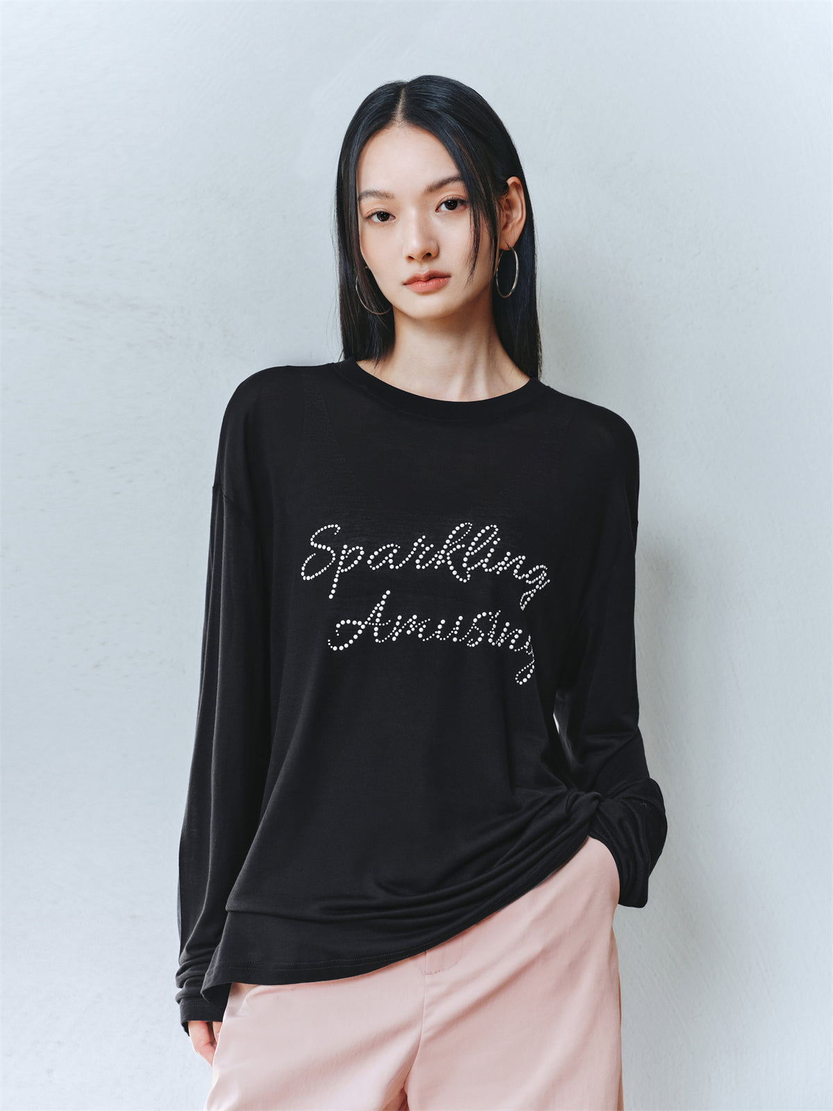 Women's Soft Long-Sleeve T-Shirt with Rhinestone Detail