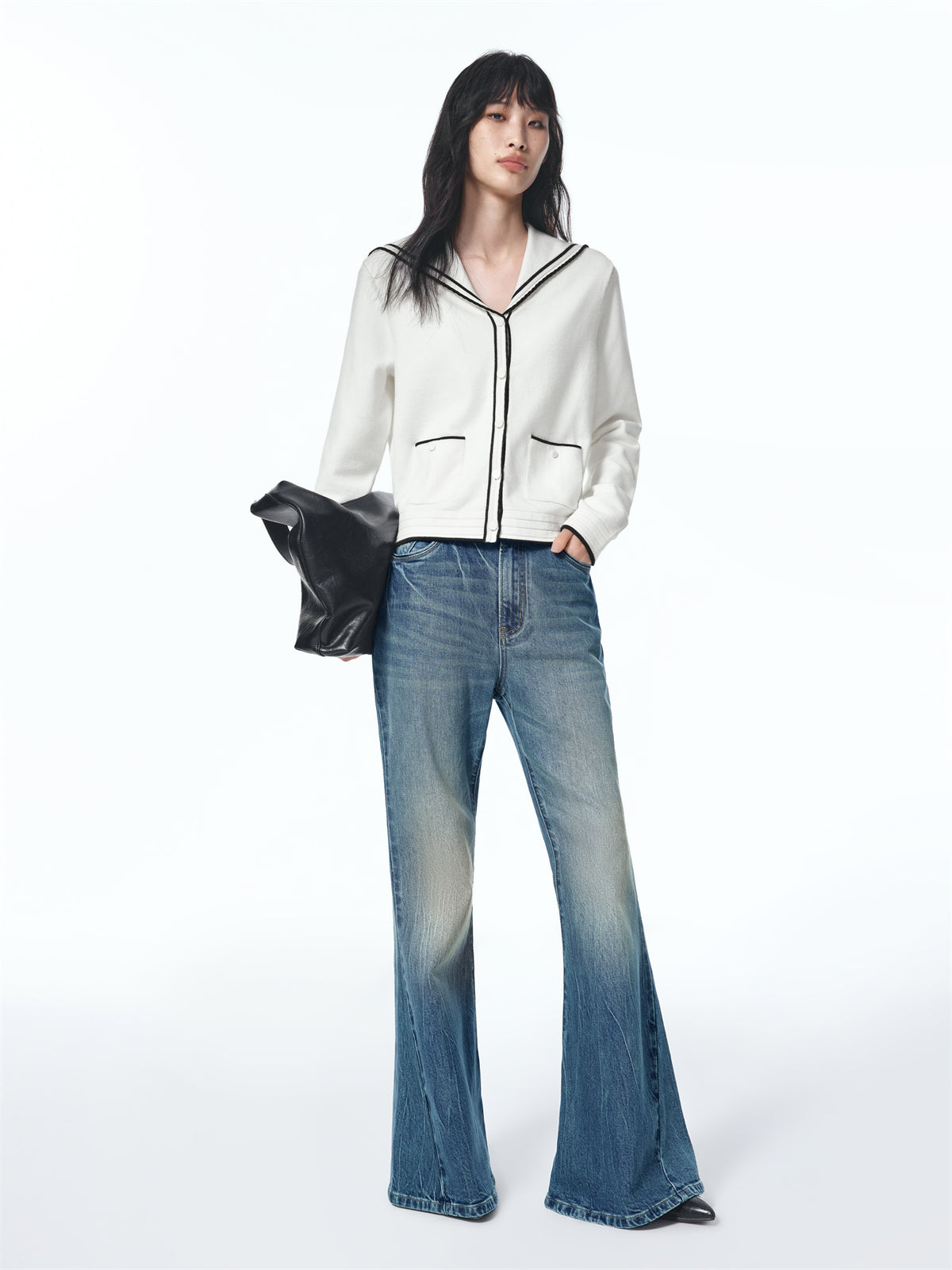 Women's Contrast Sailor-Collar Knit Cardigan