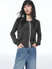 Women's Diamond Knit Cardigan with Lace Trim