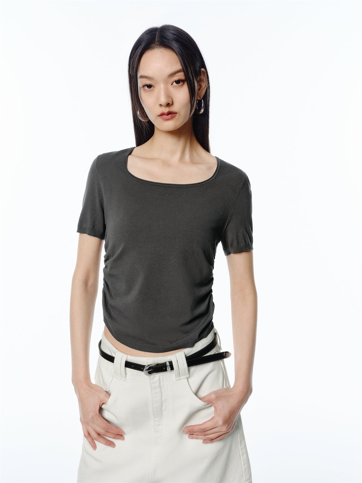 Women's Lightweight Ruched U-Neck Knit Pullover
