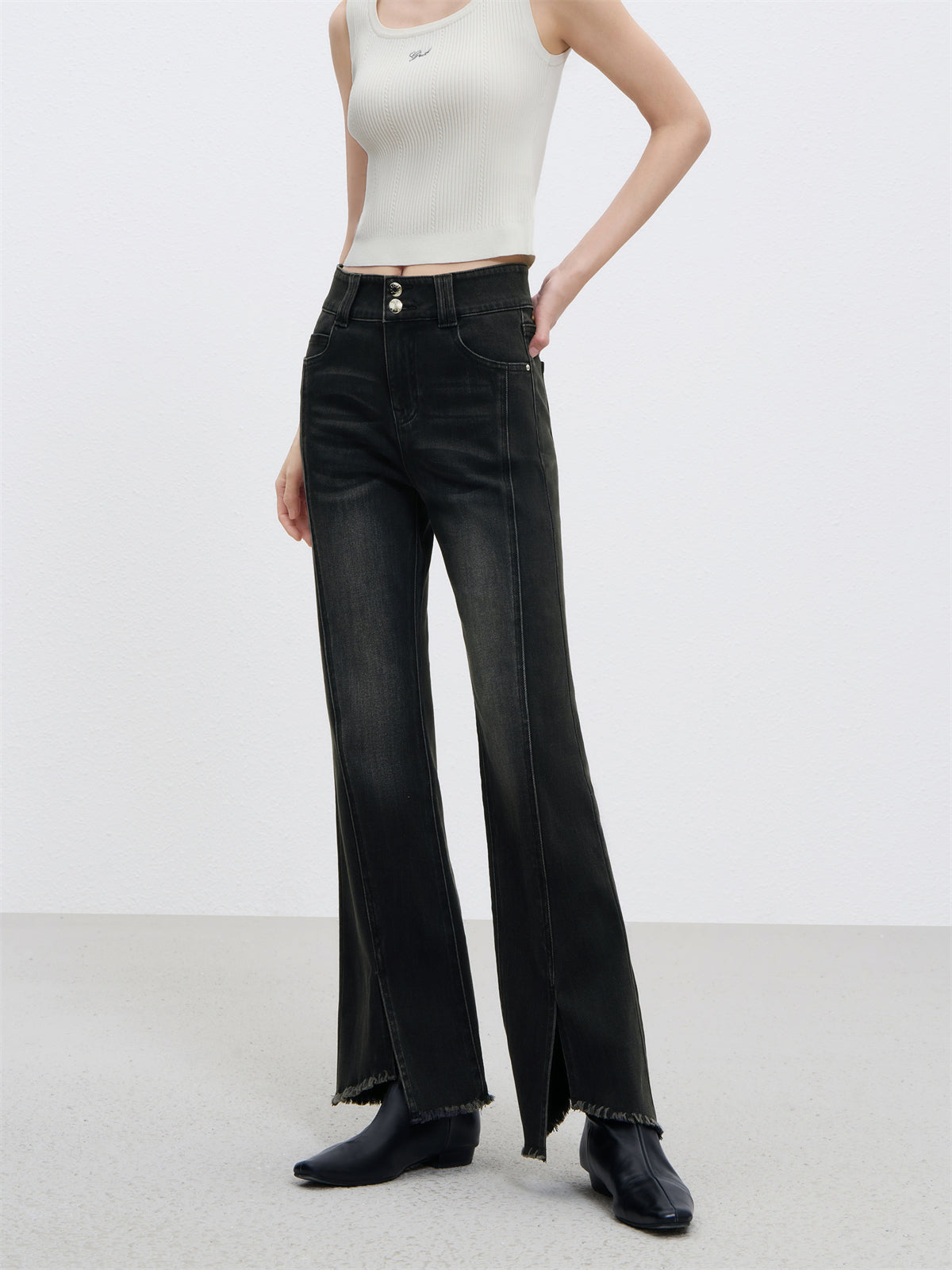 Women's High Waist Flared Pants With Raw Edge