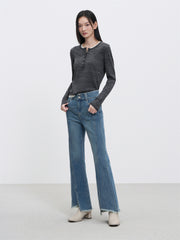 Women's High Waist Flared Pants With Raw Edge