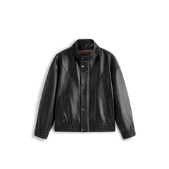 Men's Casual Pebbled Lambskin Leather Jacket with Inverted-T Cut