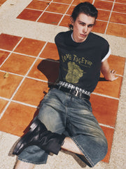 Men's casual wide-leg denim mid-length pants
