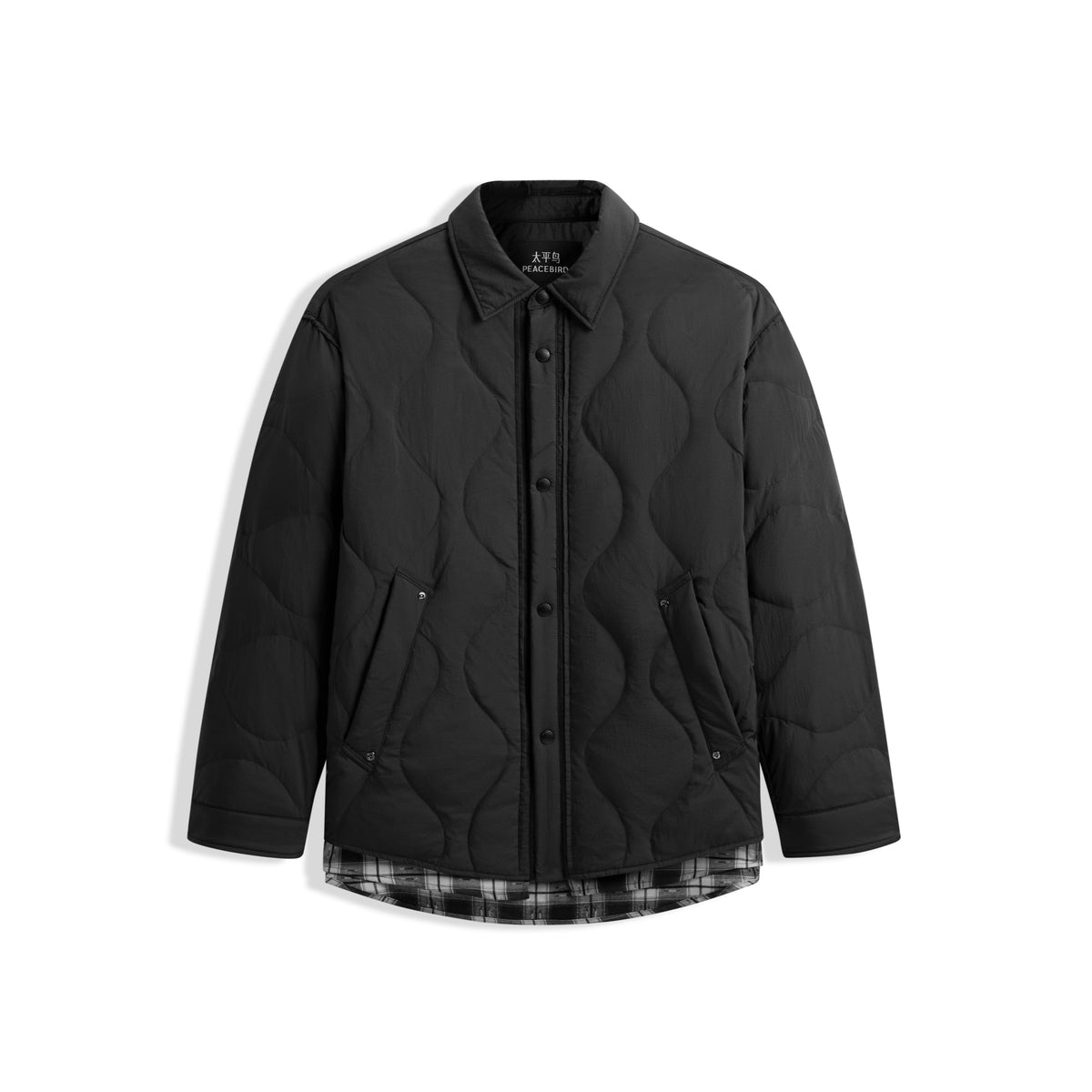 Men's Commuter Plaid-Paneled Black Shirt-Style Down Jacket