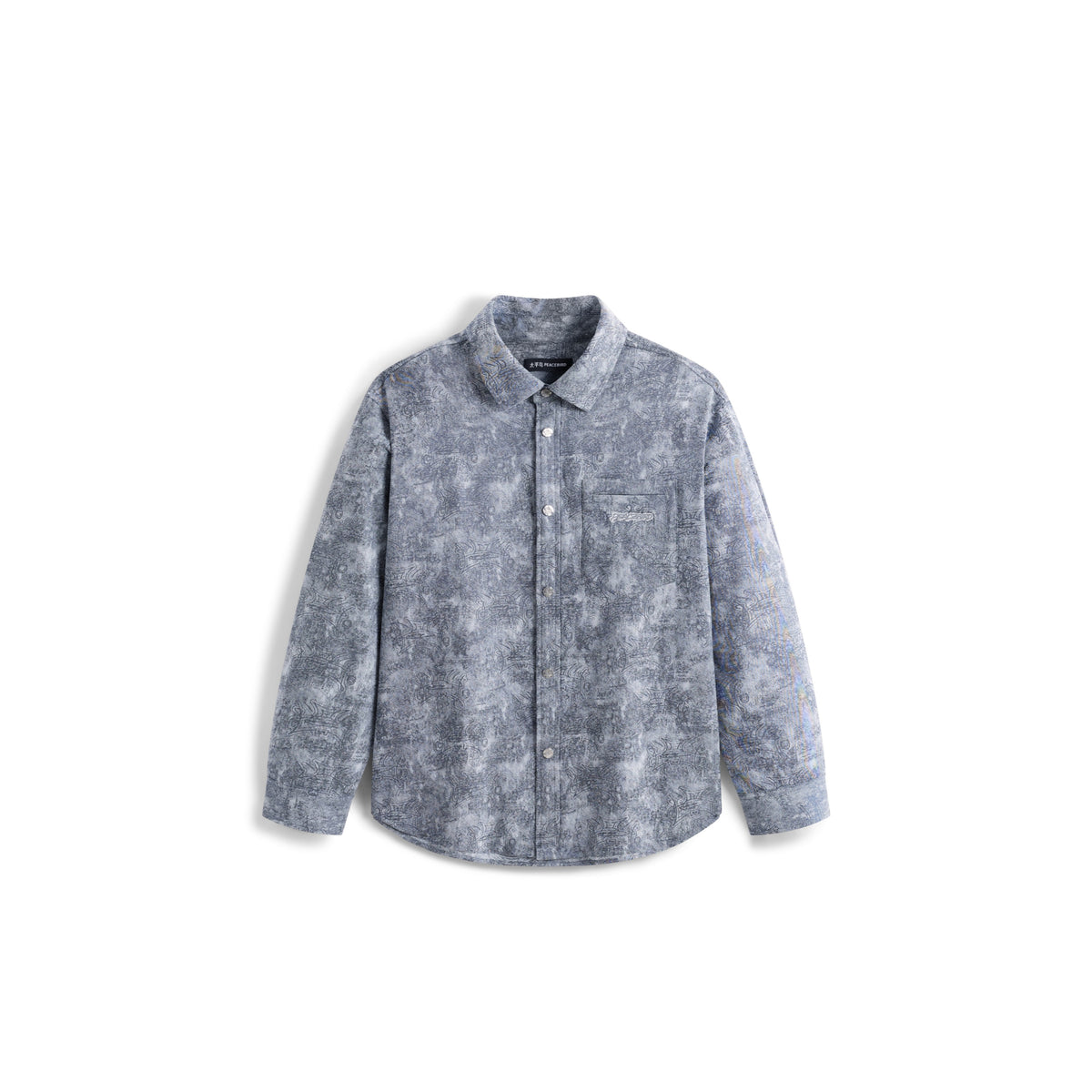Men's Casual Blue Ombre Embroidered Long-Sleeve Shirt
