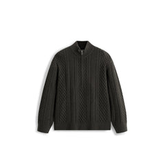 Men's Casual Brown Half-Placket Cable-Knit Sweater