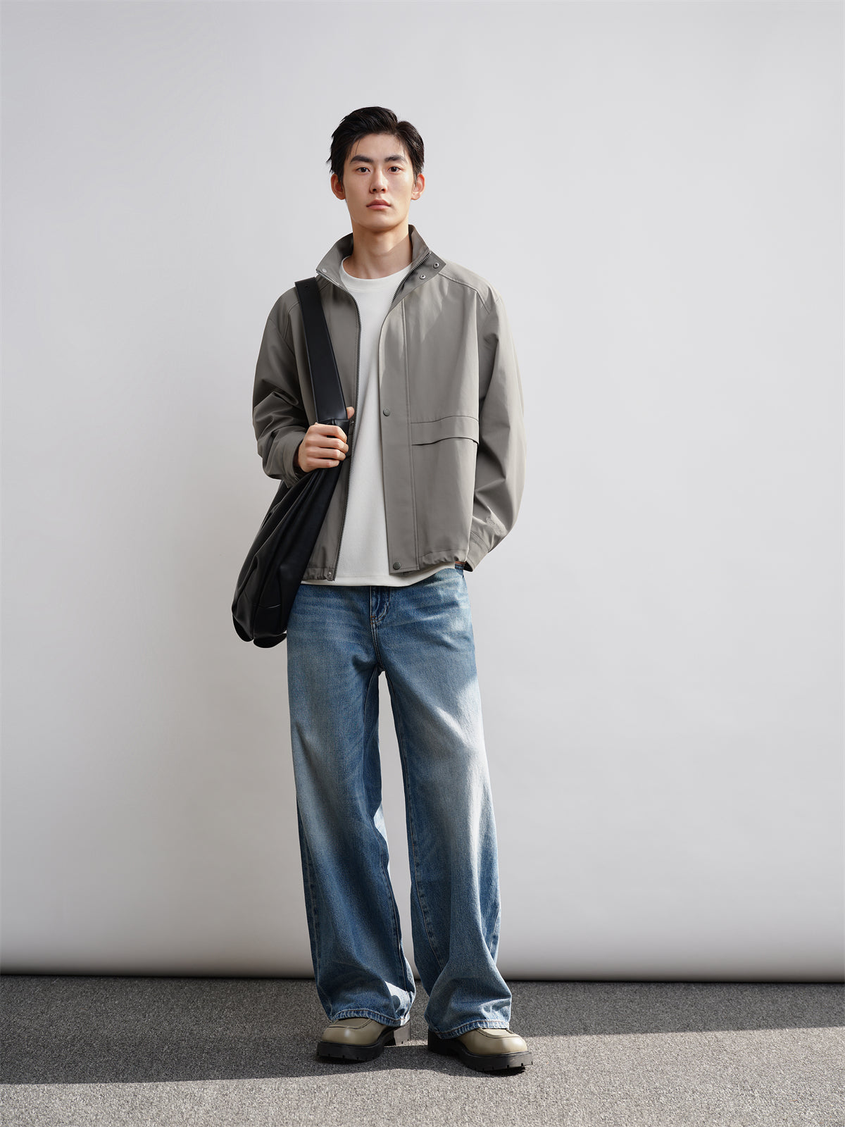 Men's Gray Green Spliced Stand Collar Jacket