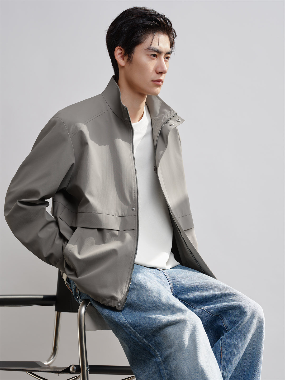 Men's Gray Green Spliced Stand Collar Jacket