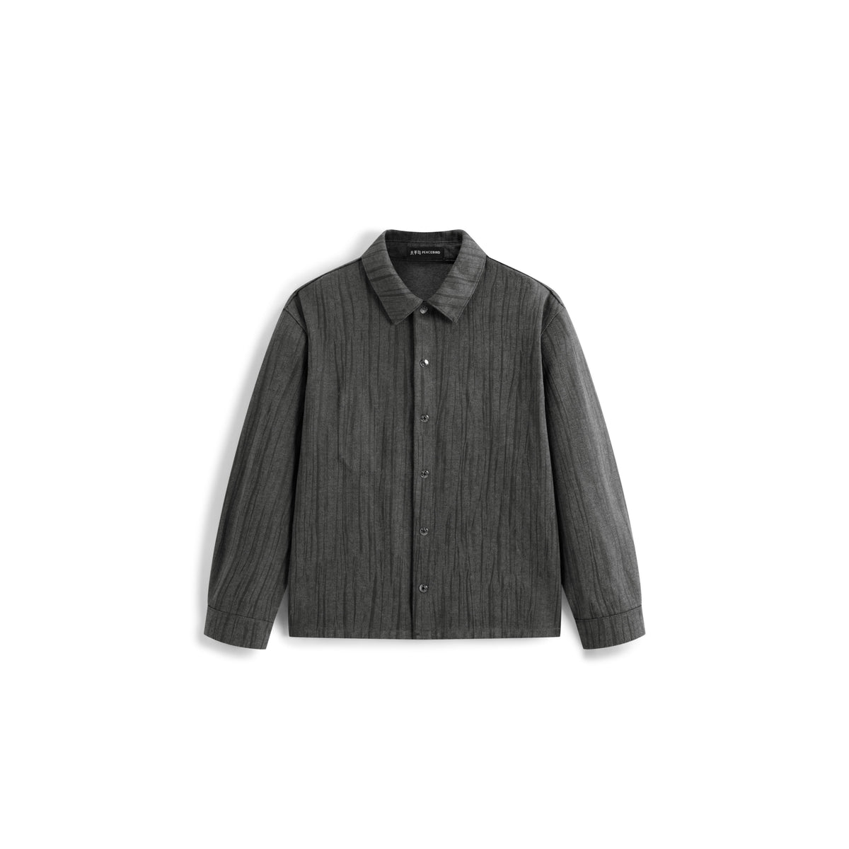 Men's Casual Grey Crinkled-Texture Denim Shirt