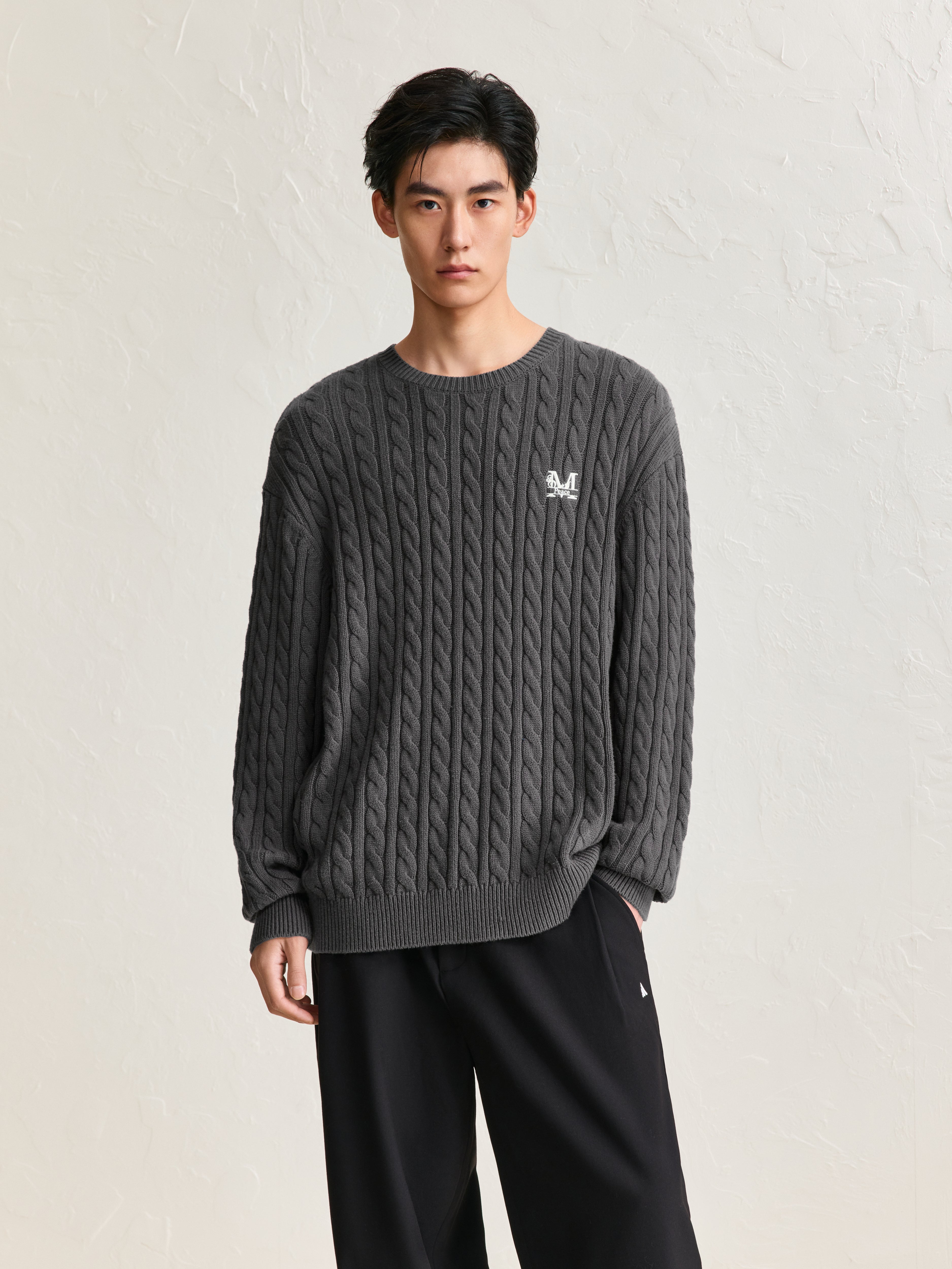 Men's Gray Embroideried Cable-Knit Pullover