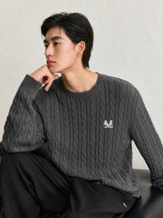 Men's Gray Embroideried Cable-Knit Pullover