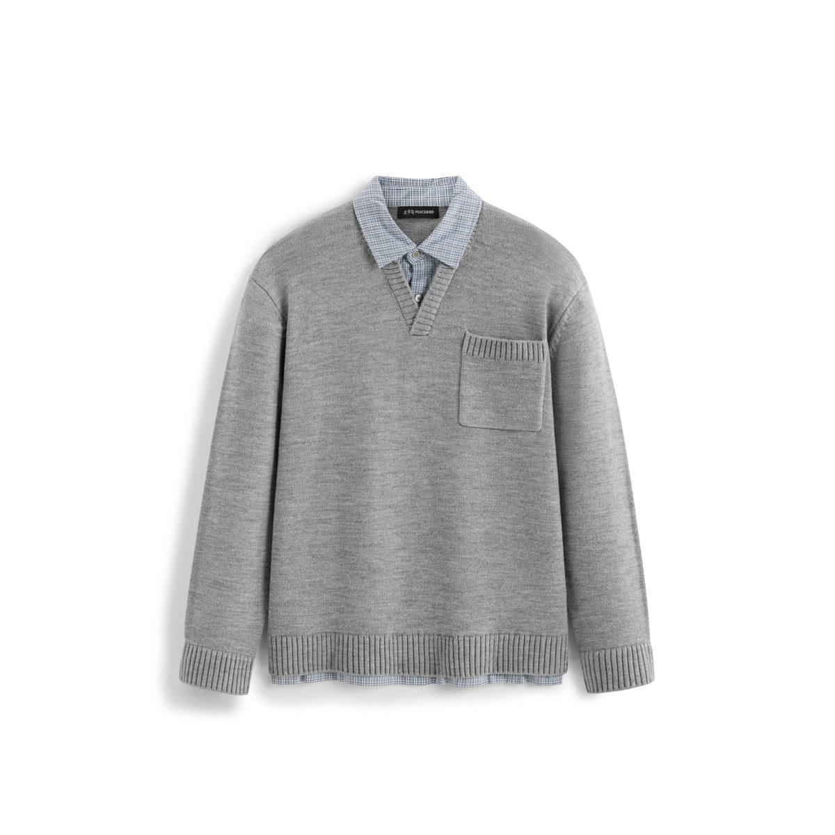 Men's Commuter Grey Faux-Layer Plaid-Collar Knit Top