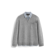 Men's Commuter Grey Faux-Layer Plaid-Collar Knit Top