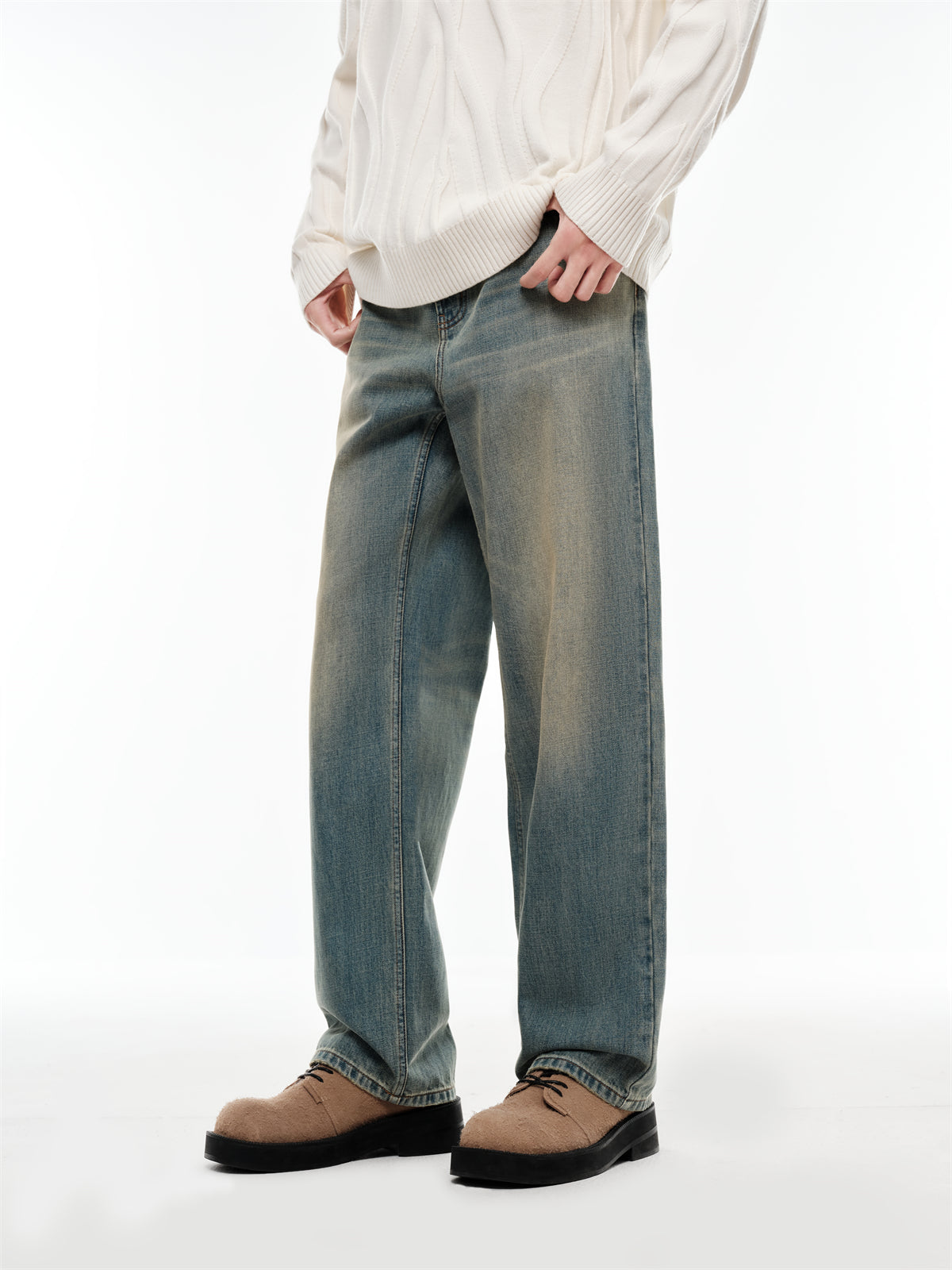 Men's Washed Vintage Distressed Straight-Leg Jeans