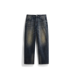 Men's Casual Heat-Retaining Straight-Leg Whiskered Wash Jeans