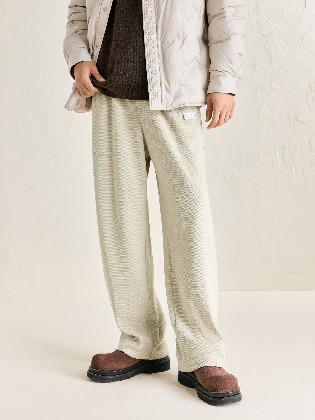 Men's Khaki Drawstring Textured Straight Pants