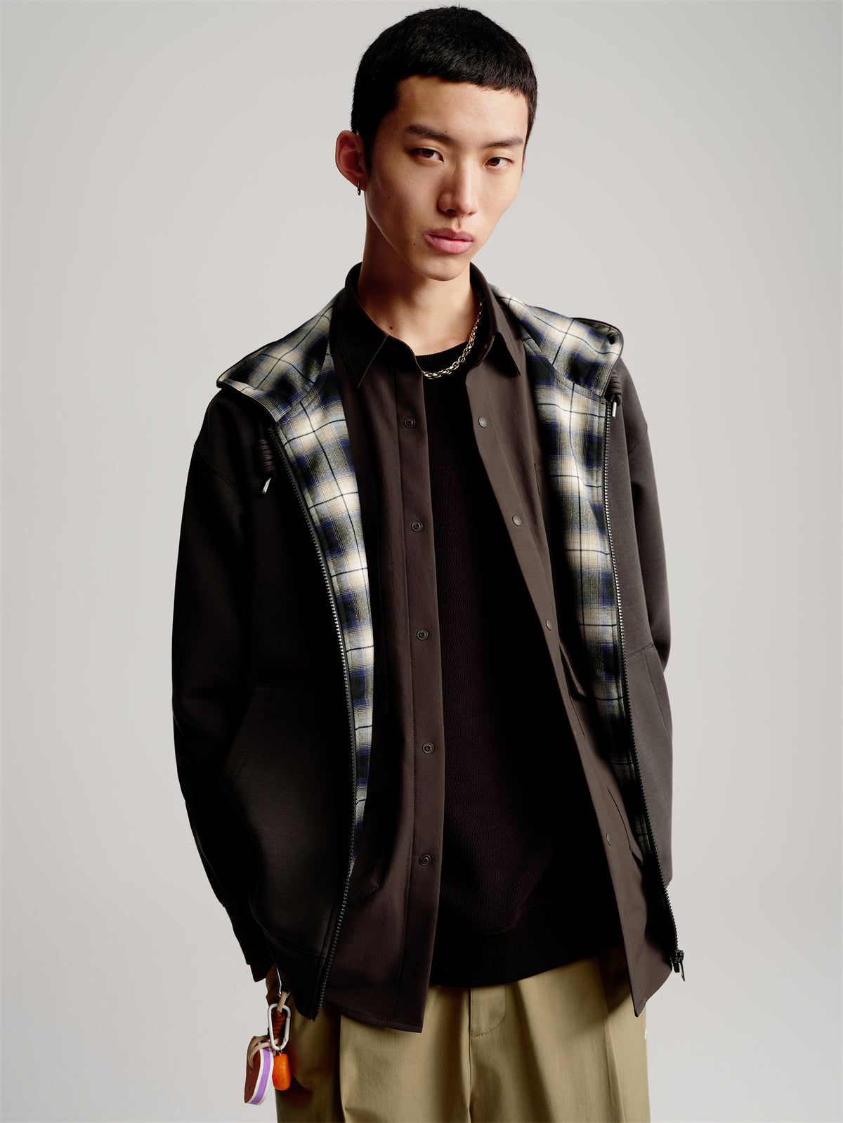 Men's Plaid Panel Zip-Up Hoodie