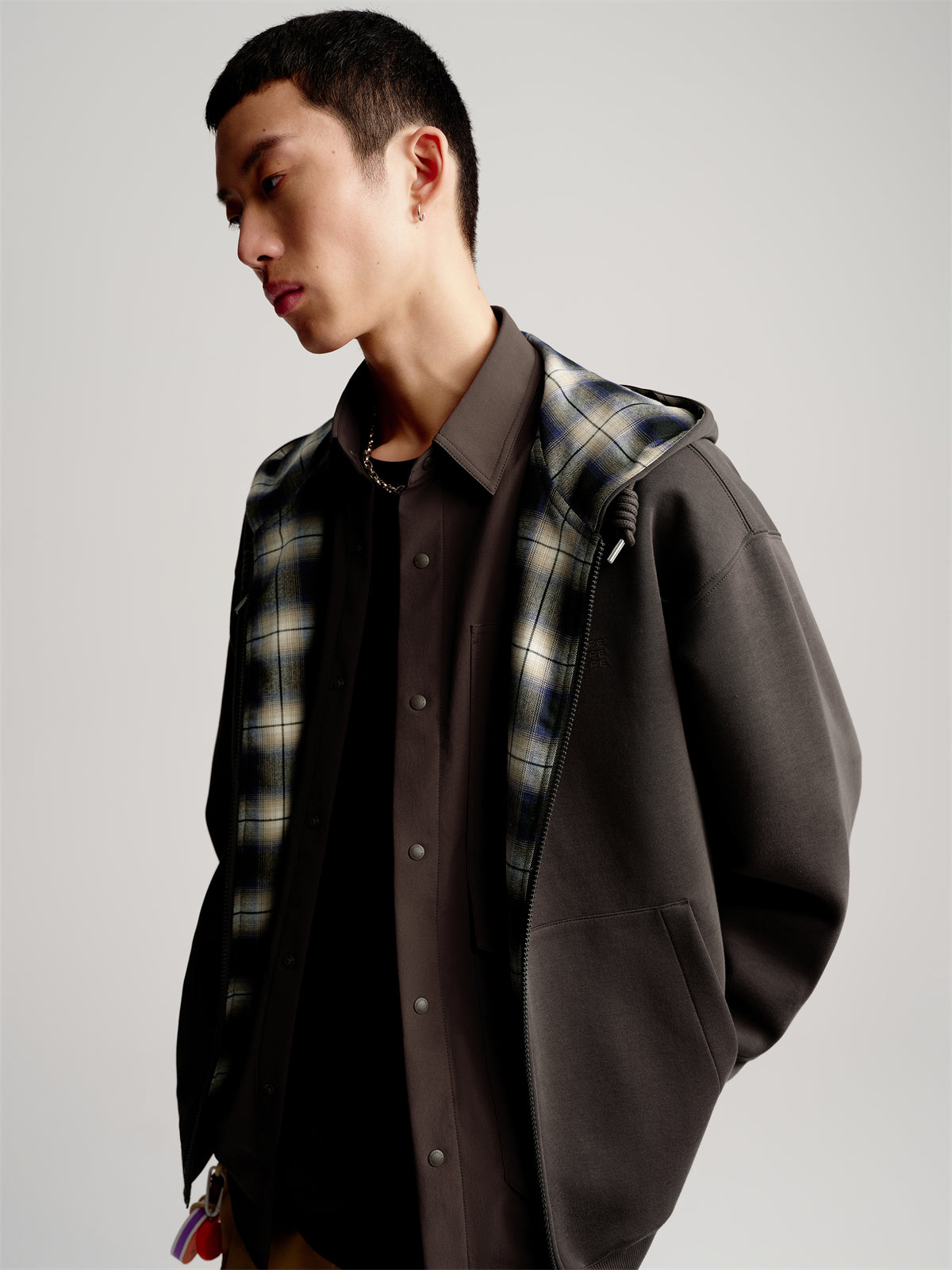 Men's Plaid Panel Zip-Up Hoodie