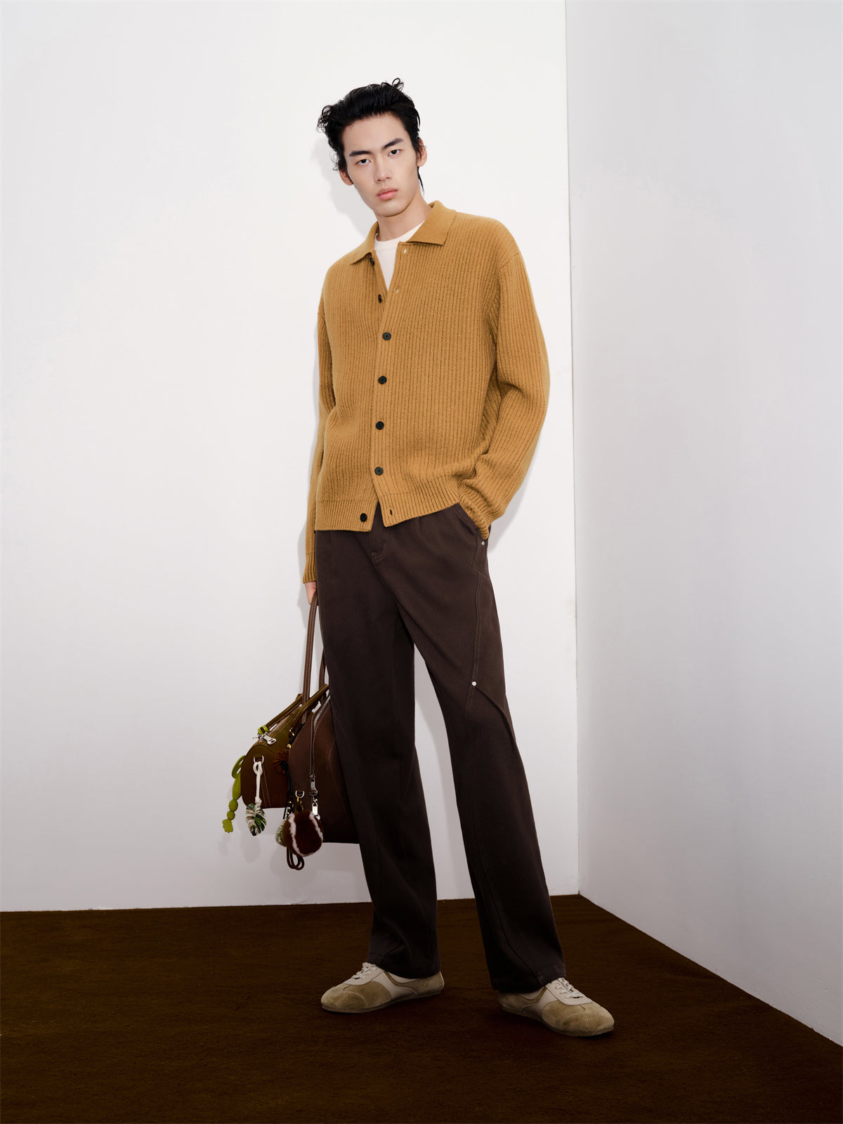 Men's Brown Textured Wool Knit Cardigan