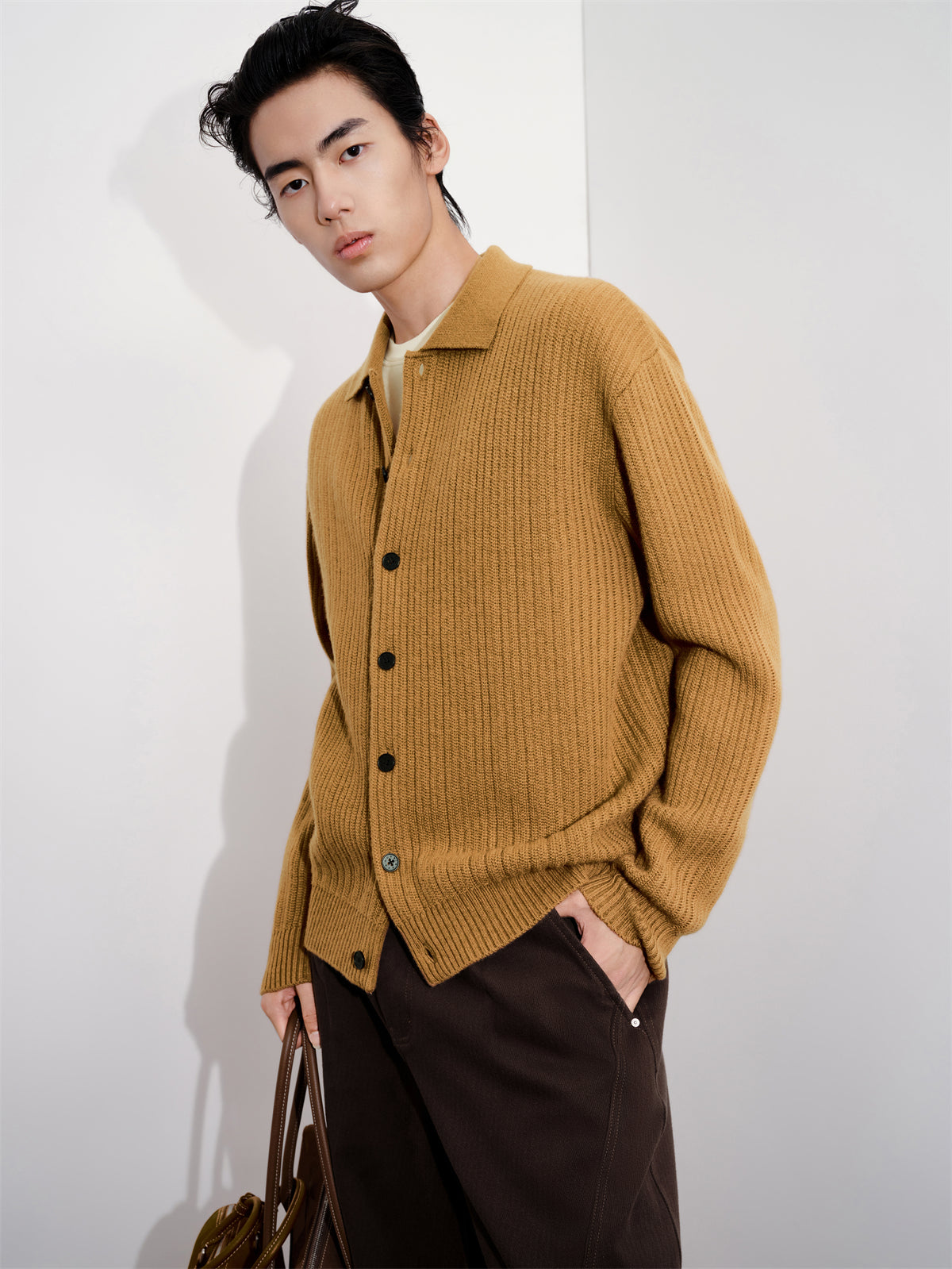 Men's Brown Textured Wool Knit Cardigan